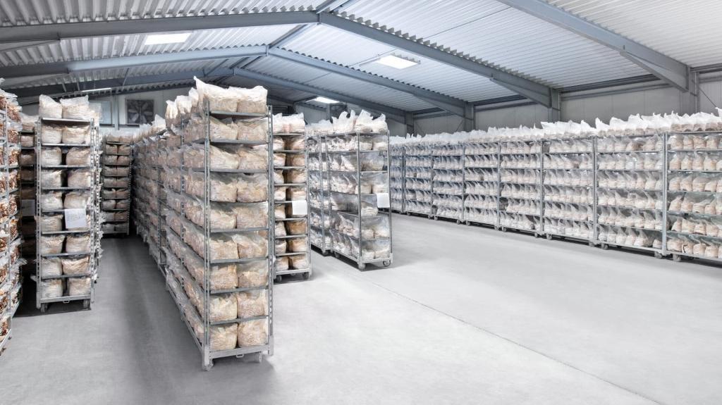 Mushroom substrates on CC containers in a large warehouse for incubation.